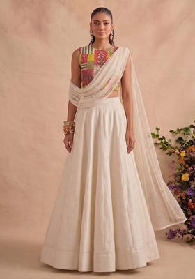 Off-White Embroidered Chinon Lehenga Set