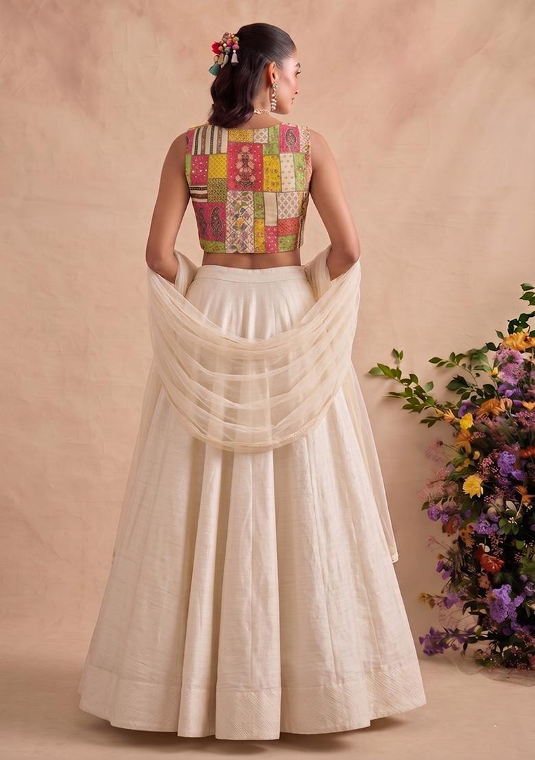 Off-White Embroidered Chinon Lehenga Set - Indya