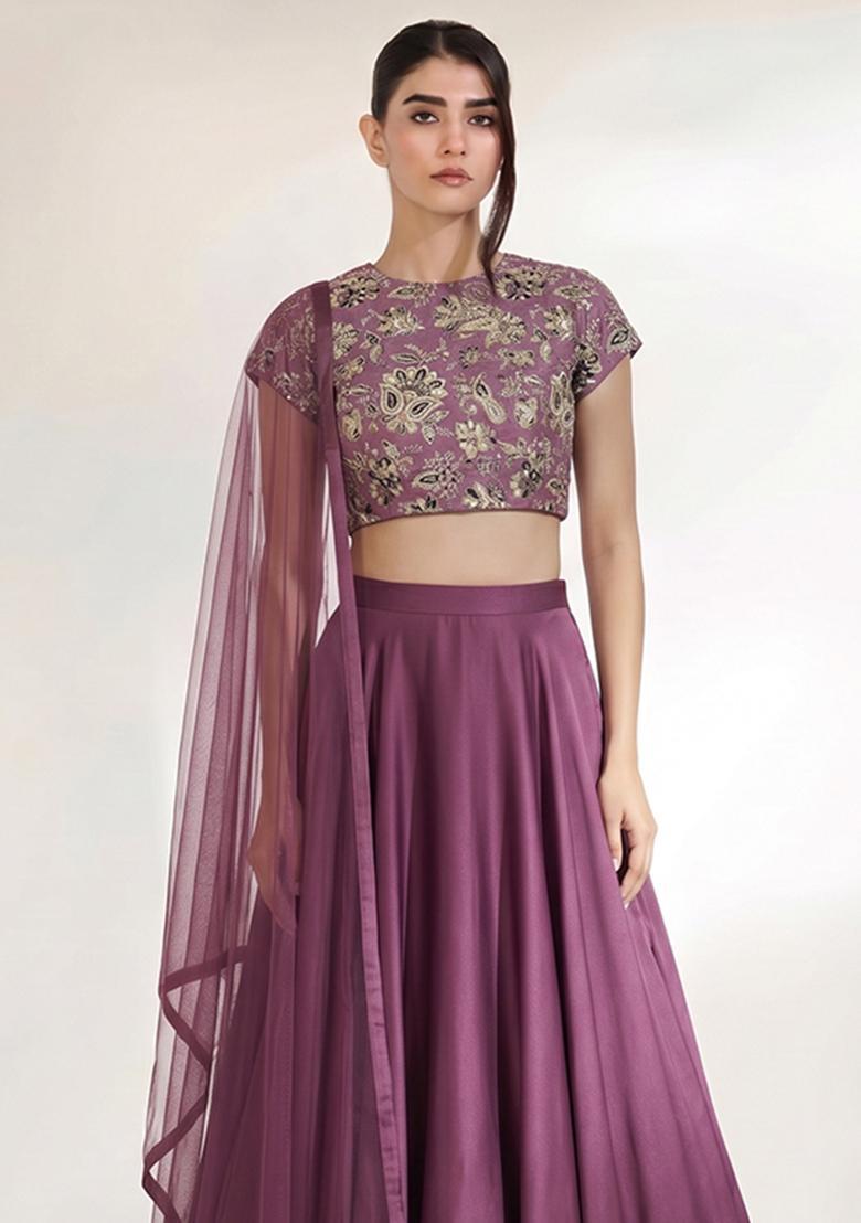 Mauve Embroidered Crepe Lehenga Set - Indya