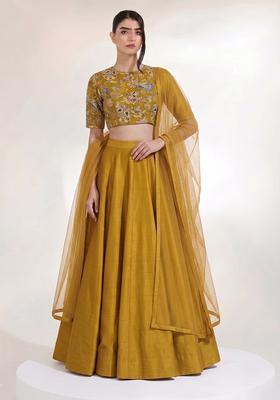 Mustard Yellow Embroidered Crepe Lehenga Set