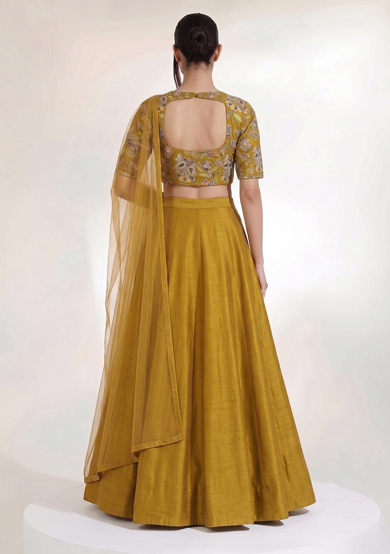 Mustard Yellow Embroidered Crepe Lehenga Set - Indya