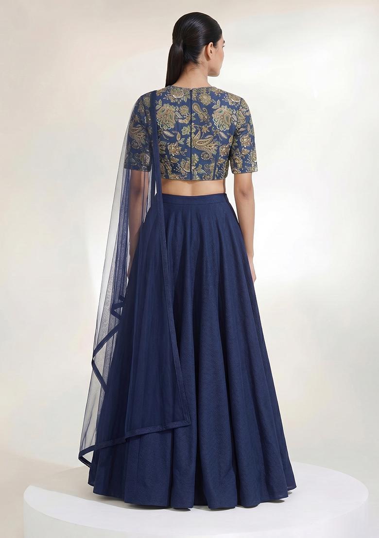 Navy Blue Embroidered Crepe Lehenga Set - Indya