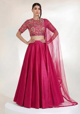 Dark Pink Embroidered Crepe Lehenga Set