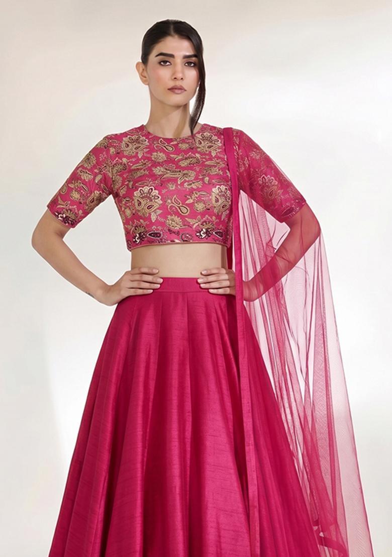 Dark Pink Embroidered Crepe Lehenga Set - Indya
