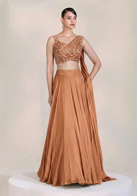 Copper Brown Embroidered Organza Lehenga Set