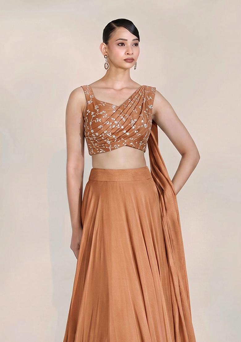 Copper Brown Embroidered Organza Lehenga Set - Indya
