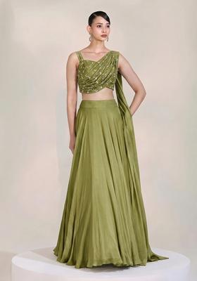 Olive Green Embroidered Organza Fusion Set