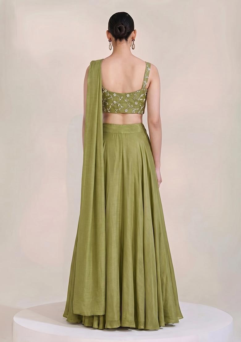 Olive Green Embroidered Organza Fusion Set - Indya