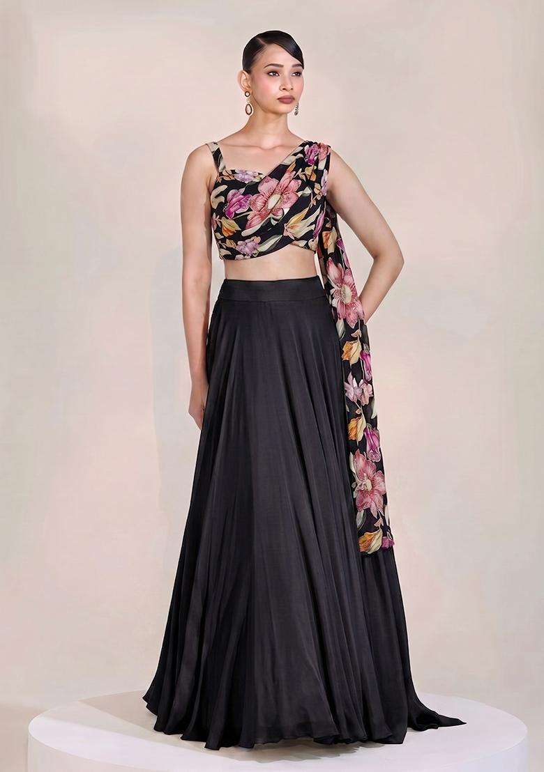 Black Printed Chinon Lehenga Set - Indya