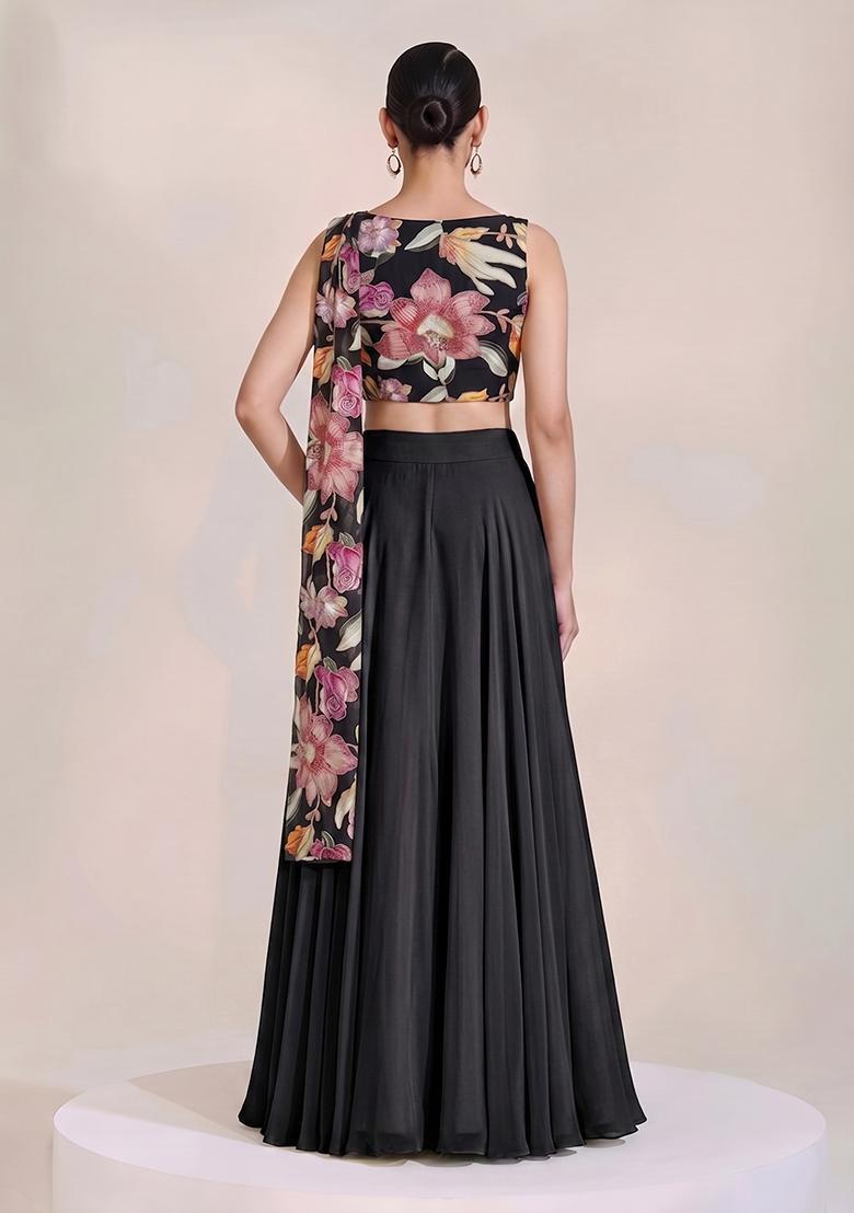 Black Printed Chinon Lehenga Set - Indya