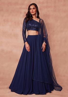 Navy Blue Sequin Net Lehenga Set