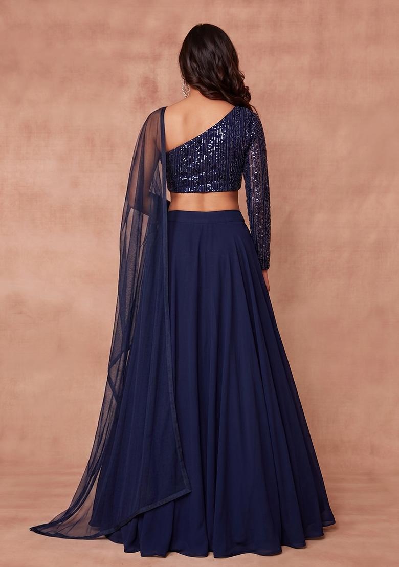 Navy Blue Sequin Net Lehenga Set - Indya