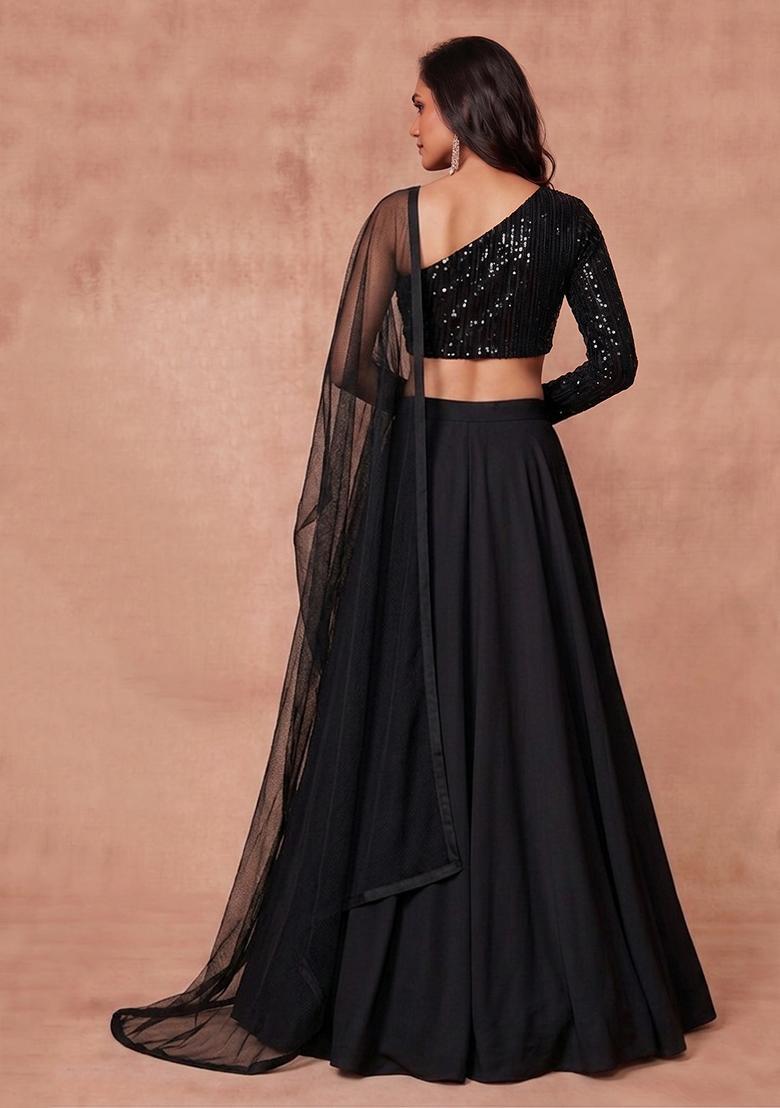Black Sequin Net Lehenga Set - Indya