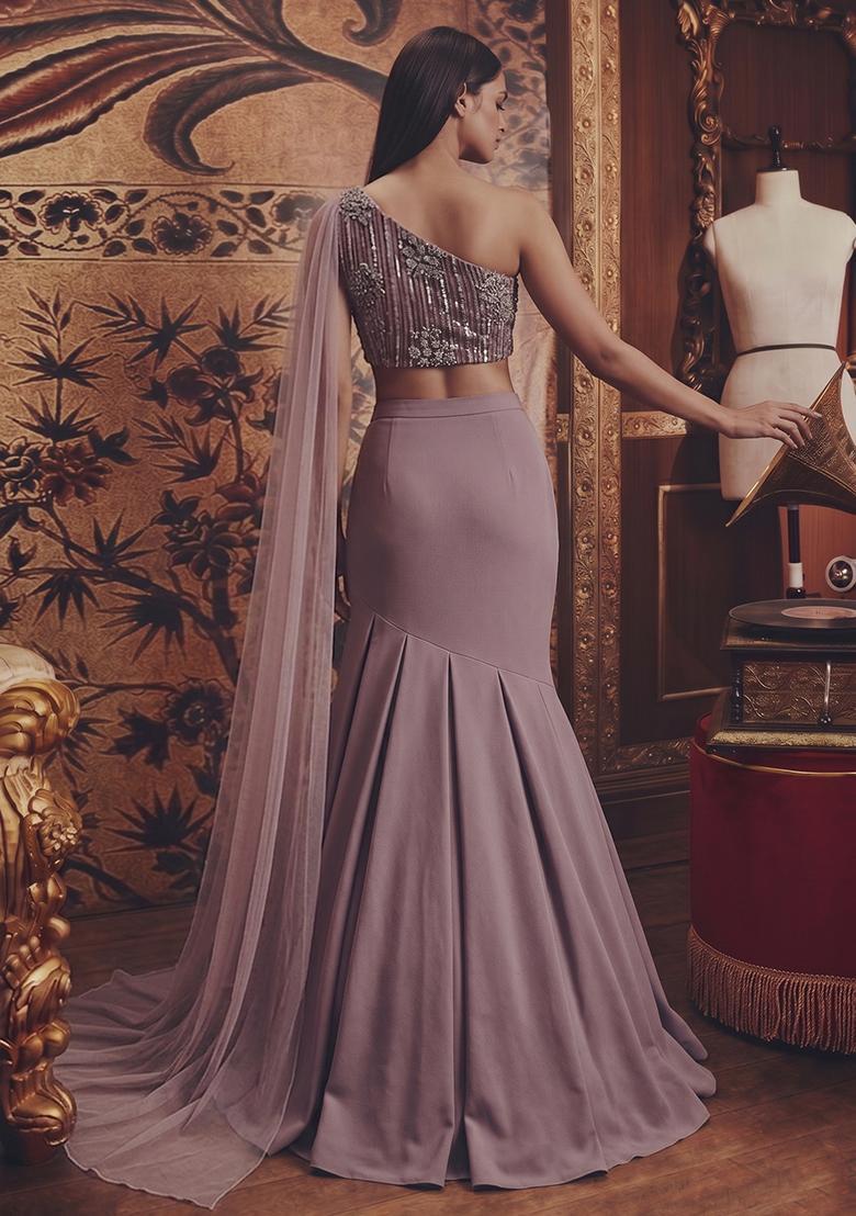 Mauve Sequin Net Lehenga Set - Indya