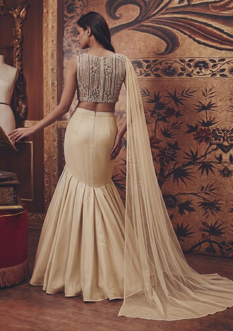 Beige Sequin Net Lehenga Set - Indya