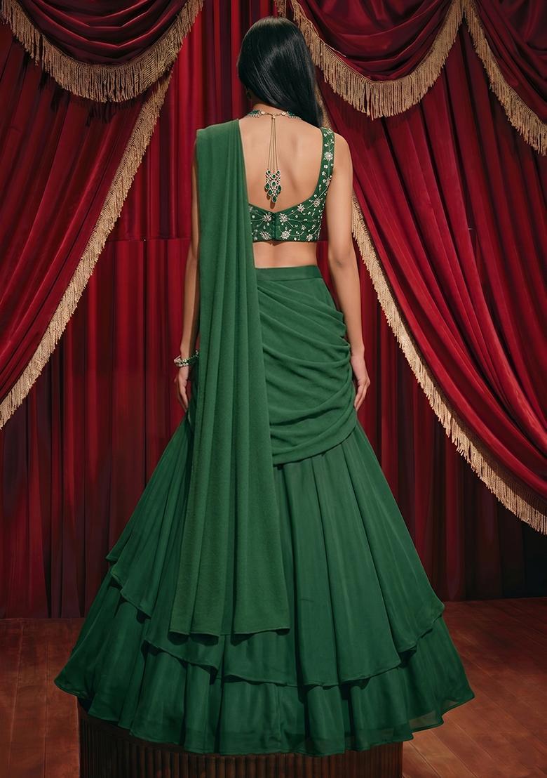 Emerald Green Embroidered Tissue Lehenga Set - Indya