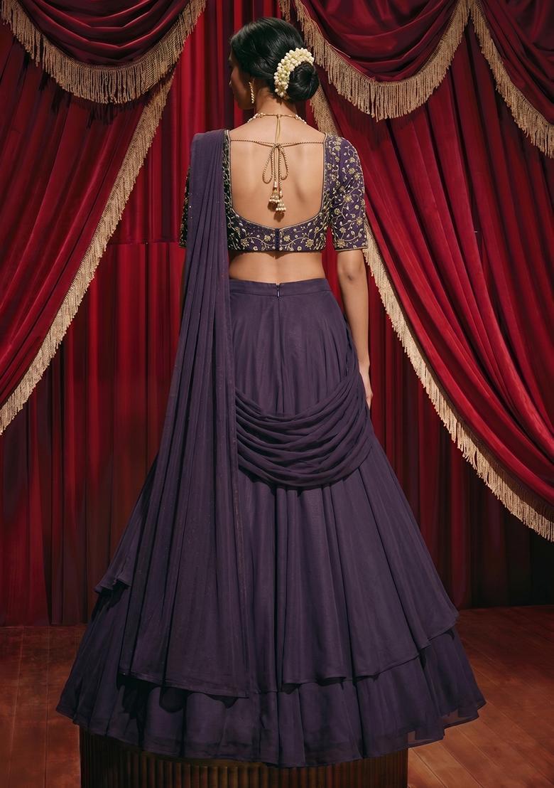 Deep Purple Embroidered Tissue Lehenga Set - Indya