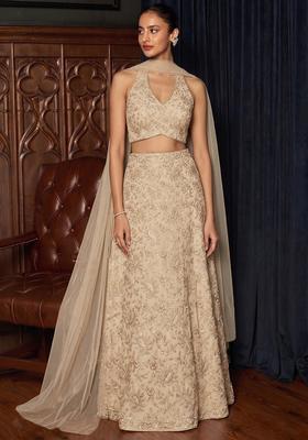 Champagne Beige Embroidered Lehenga Set