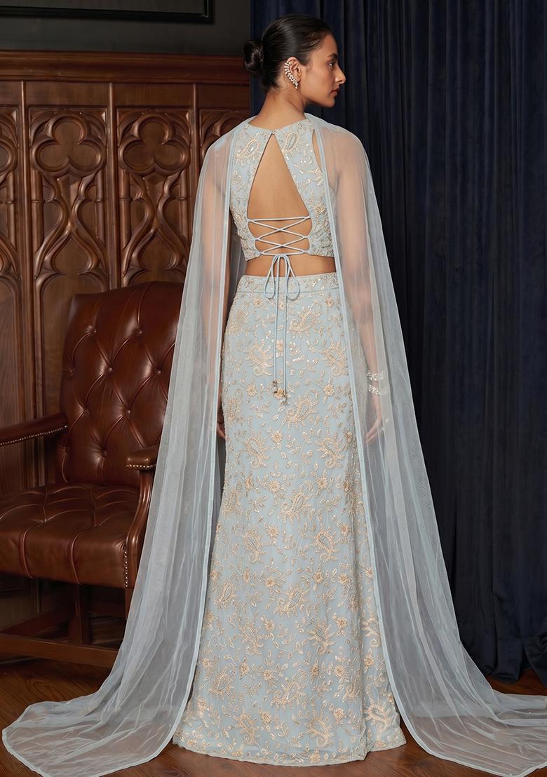Powder Blue Embroidered Lehenga Set - Indya