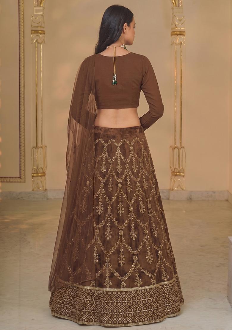 Coffee Brown Embroidered Lehenga Set - Indya