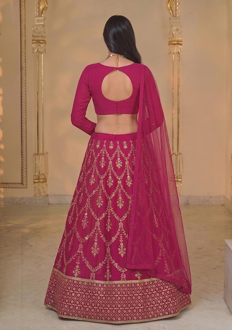 Magenta Pink Embroidered Lehenga Set - Indya