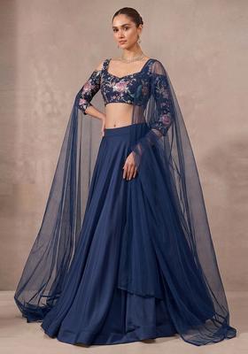 Navy Blue Printed Crepe Lehenga Set