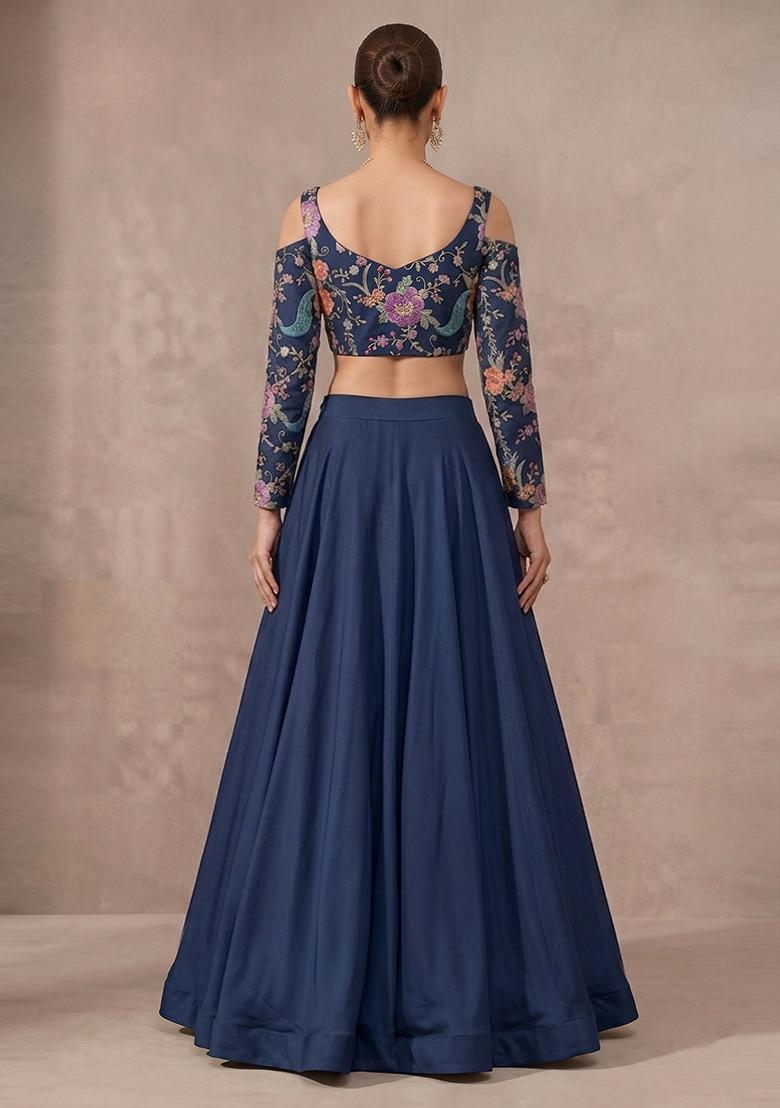Navy Blue Printed Crepe Lehenga Set - Indya