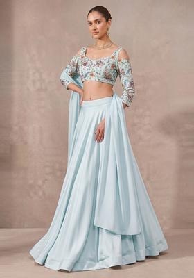 Mint Printed Crepe Lehenga Set