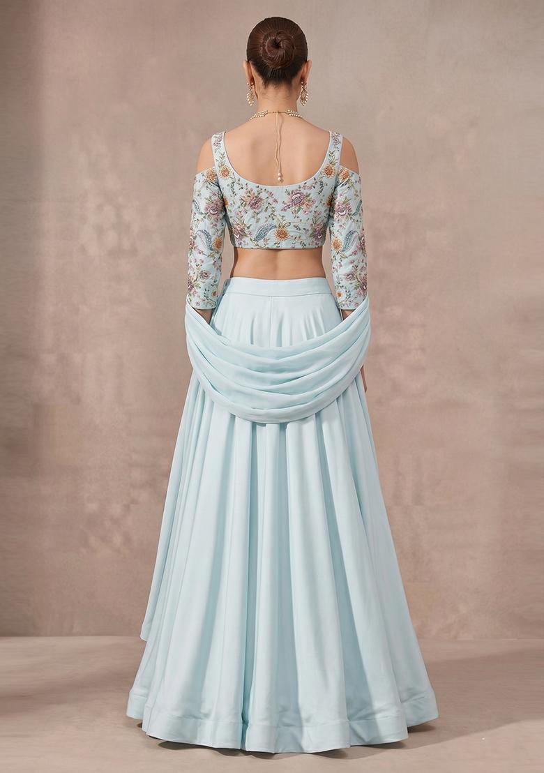 Mint Printed Crepe Lehenga Set - Indya