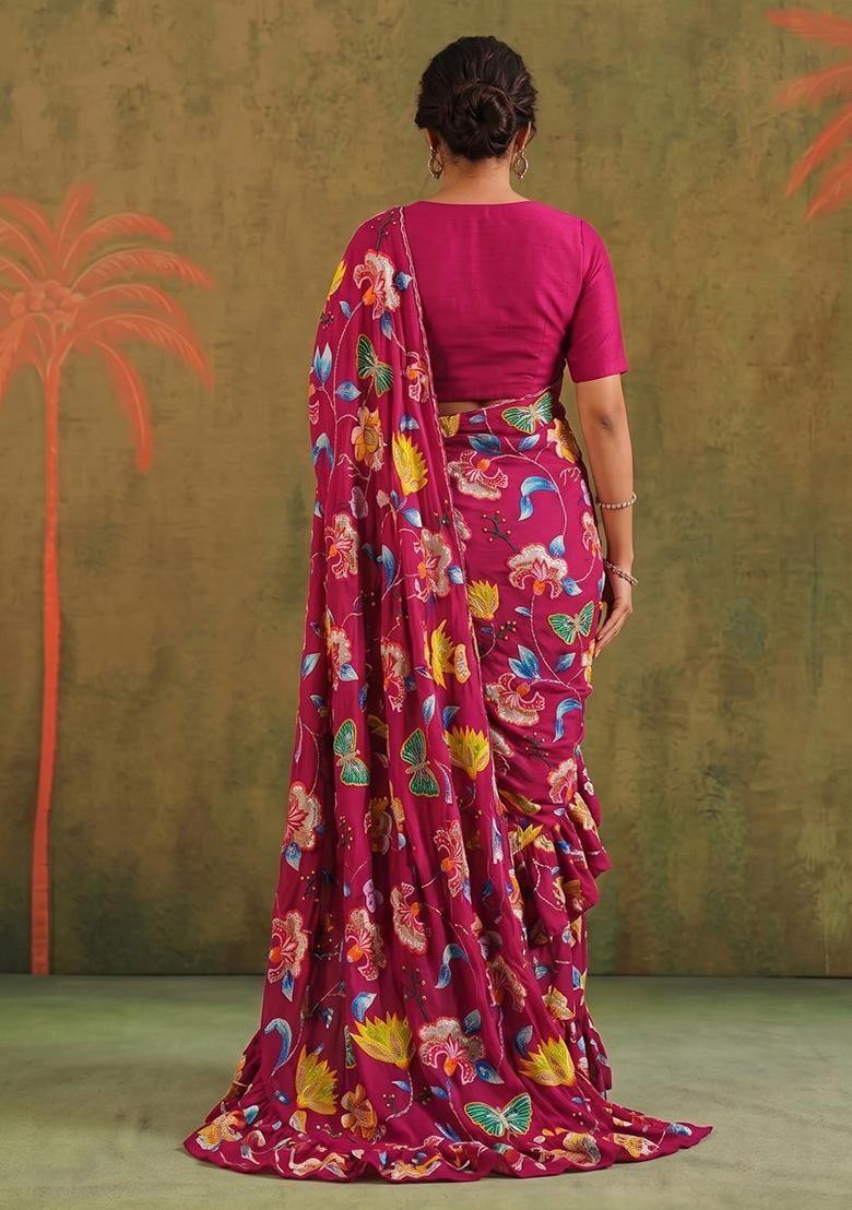 Rani Pink Printed Chinon Pre Draped Saree Set - Indya