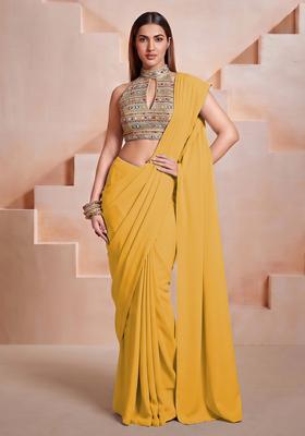 Mustard Embroidered Net Pre Draped Saree Set