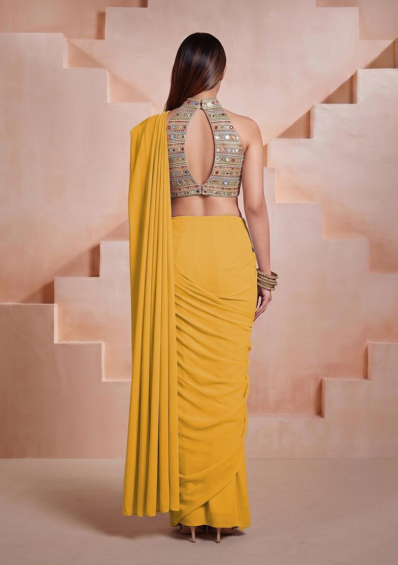 Mustard Embroidered Net Pre Draped Saree Set - Indya