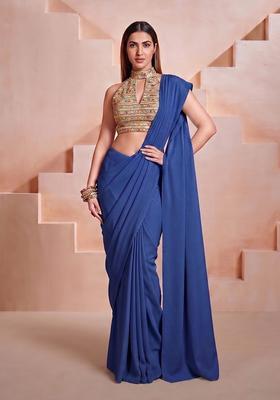 Royal Blue Embroidered Net Pre Draped Saree Set