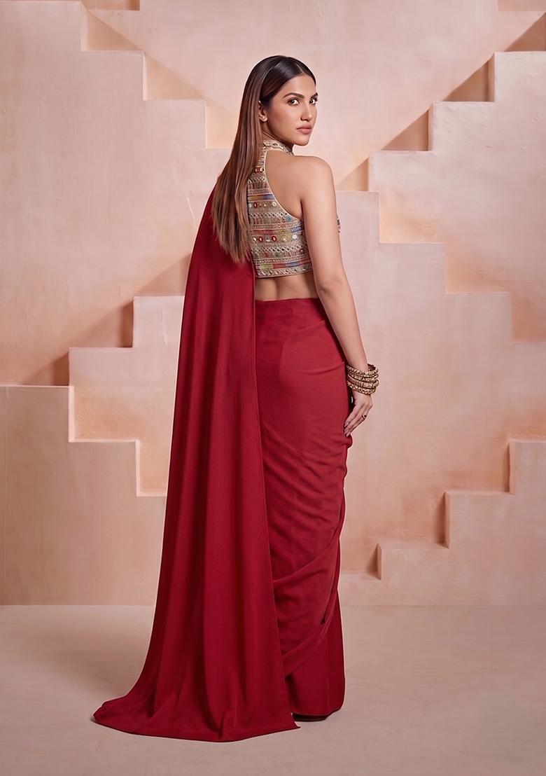 Maroon Embroidered Net Pre Draped Saree Set - Indya