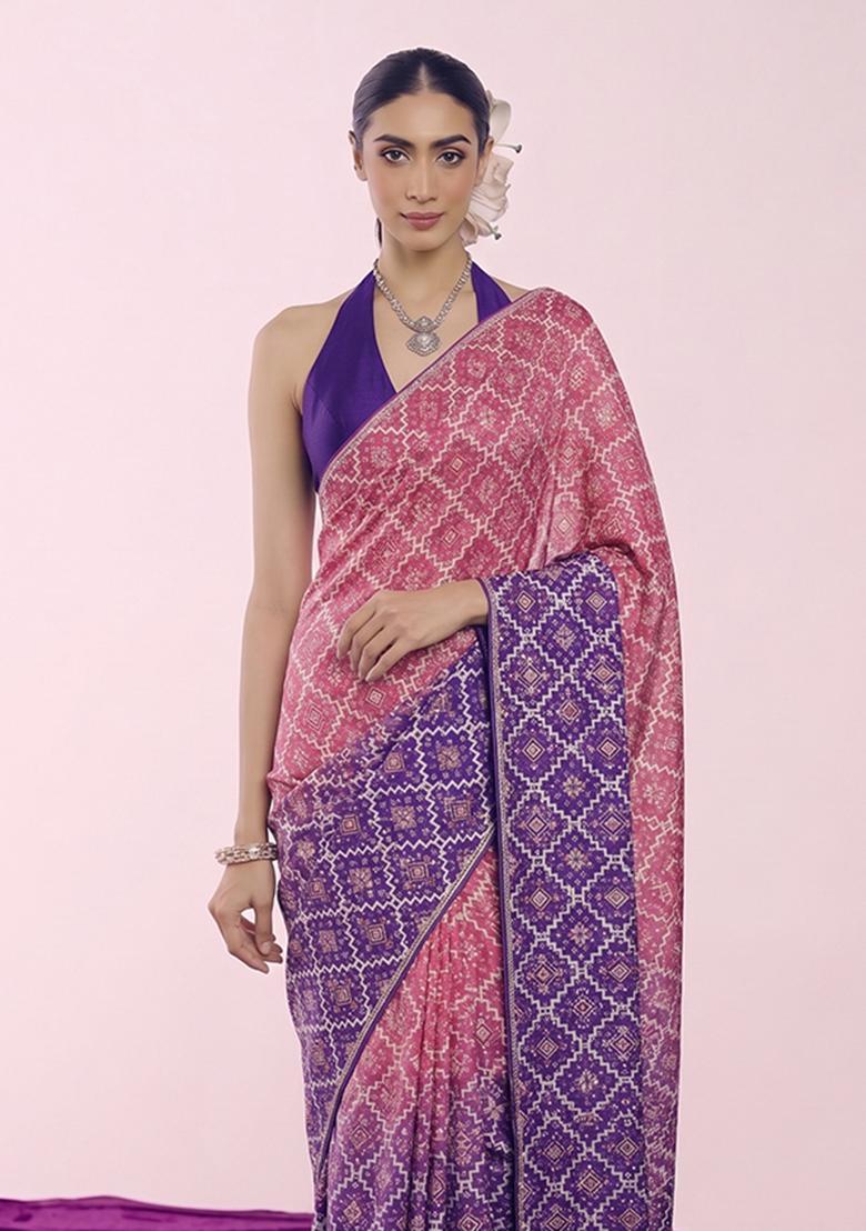 Deep Purple Printed Silk Blend Pre Draped Saree Set - Indya