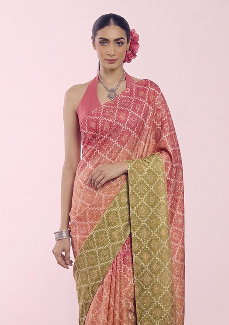 Pink Printed Silk Blend Pre Draped Saree Set - Indya