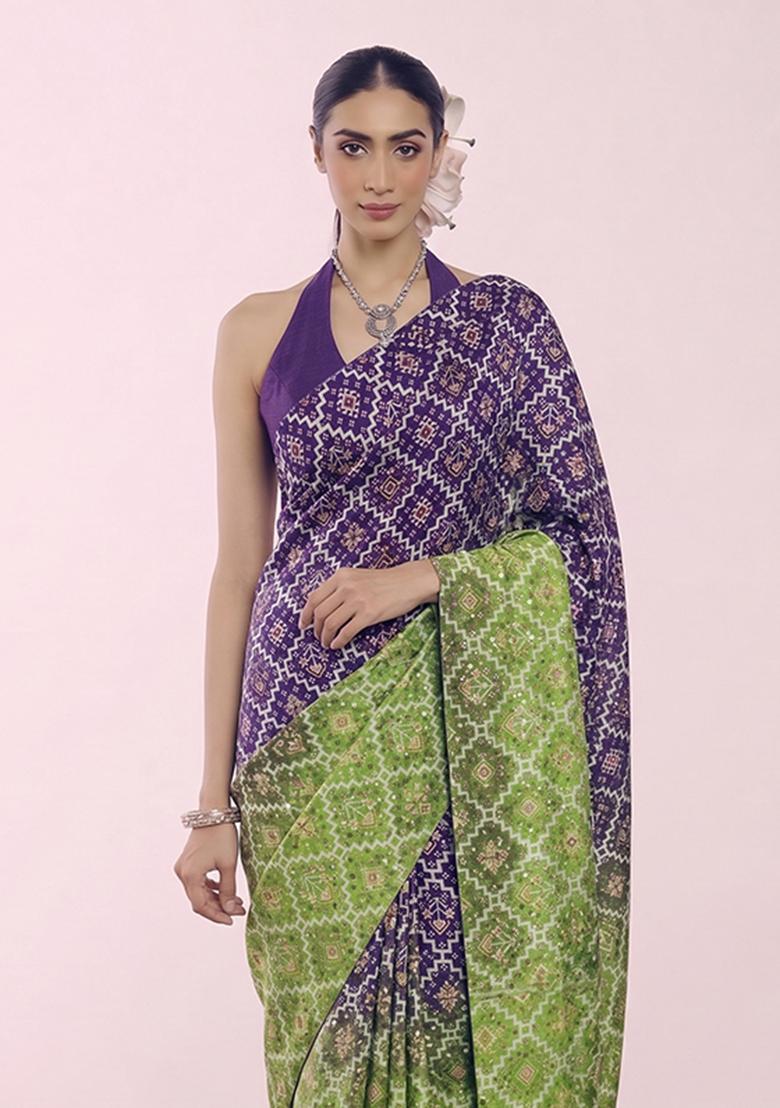 Purple Printed Silk Blend Pre Draped Saree Set - Indya