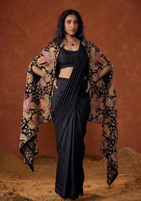 Jet Black Embroidered Crepe Pre Draped Saree Set