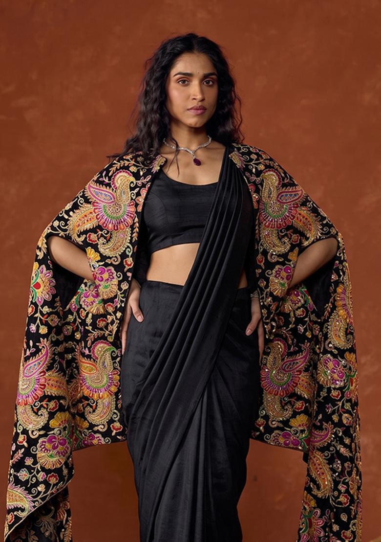 Jet Black Embroidered Crepe Pre Draped Saree Set - Indya