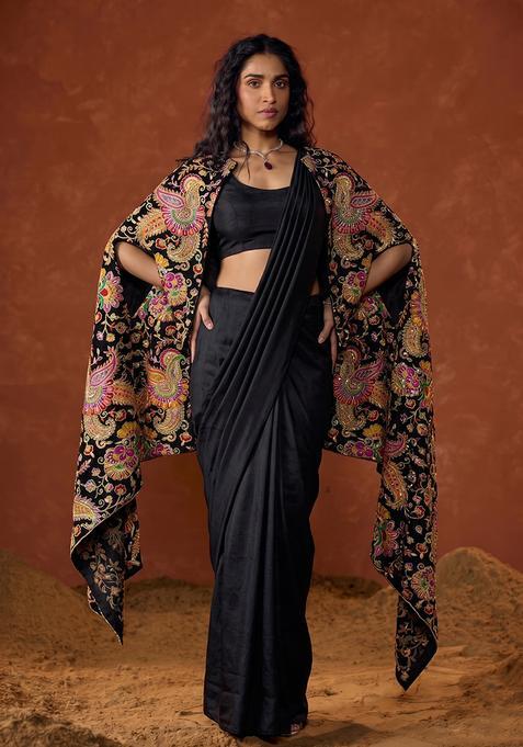 Jet Black Embroidered Crepe Pre Draped Saree Set