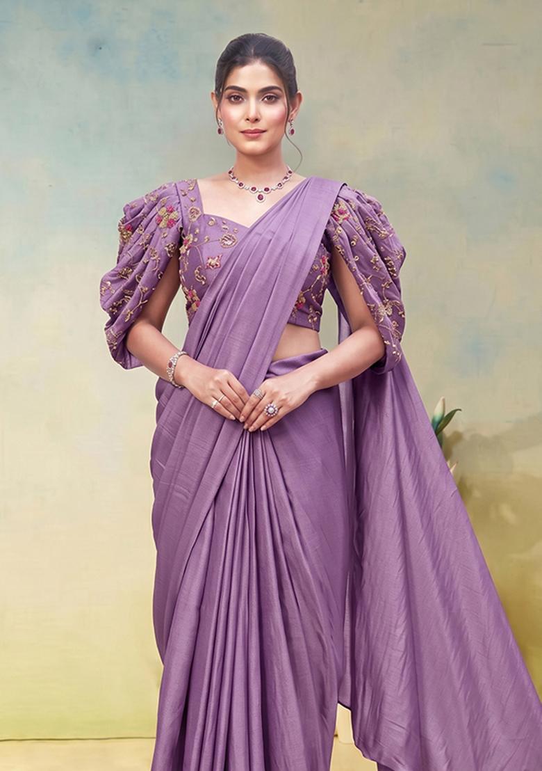 Lavender Zari Cosmos Pre Draped Saree Set - Indya