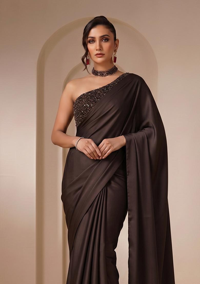 Dark Brown Sequin Net Pre Draped Saree Set - Indya