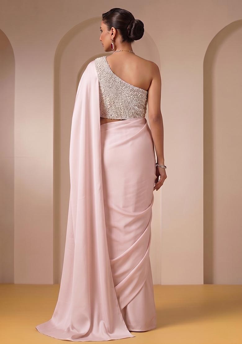 Soft Pink Sequin Net Pre Draped Saree Set - Indya