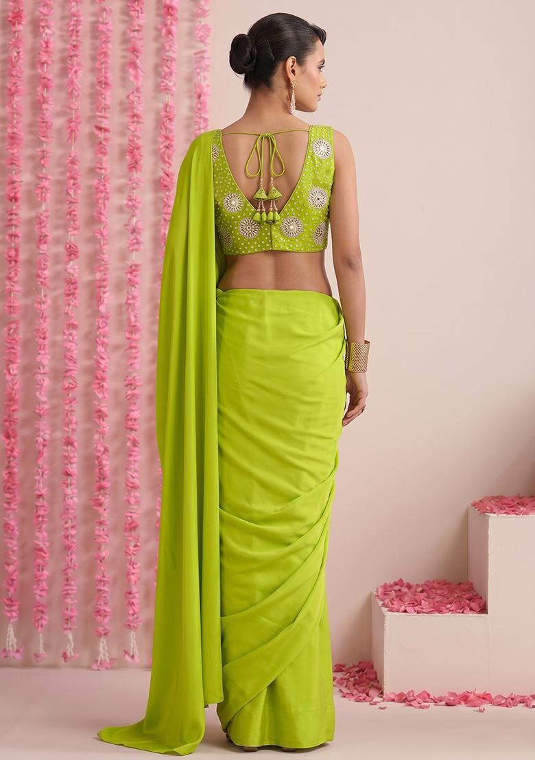 Lime Green Printed Crepe Pre Draped Saree Set - Indya