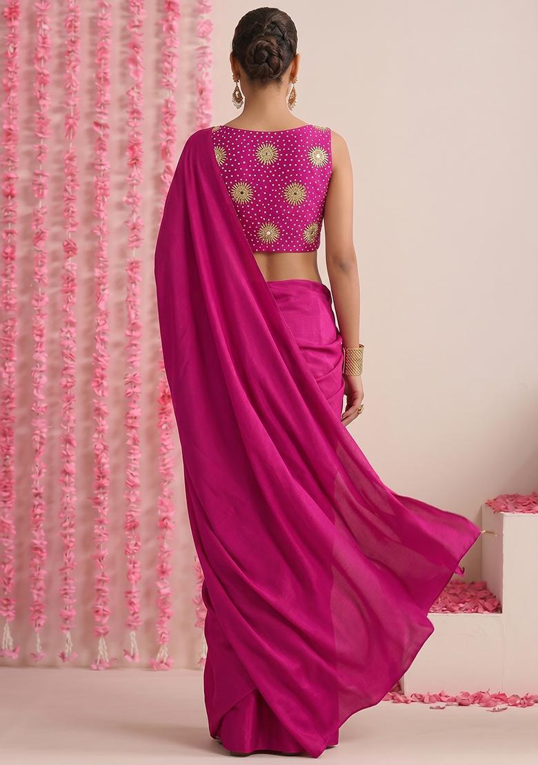 Magenta Pink Printed Crepe Pre Draped Saree Set - Indya
