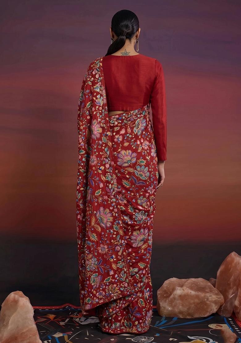 Red Printed Crepe Pre Draped Saree Set - Indya