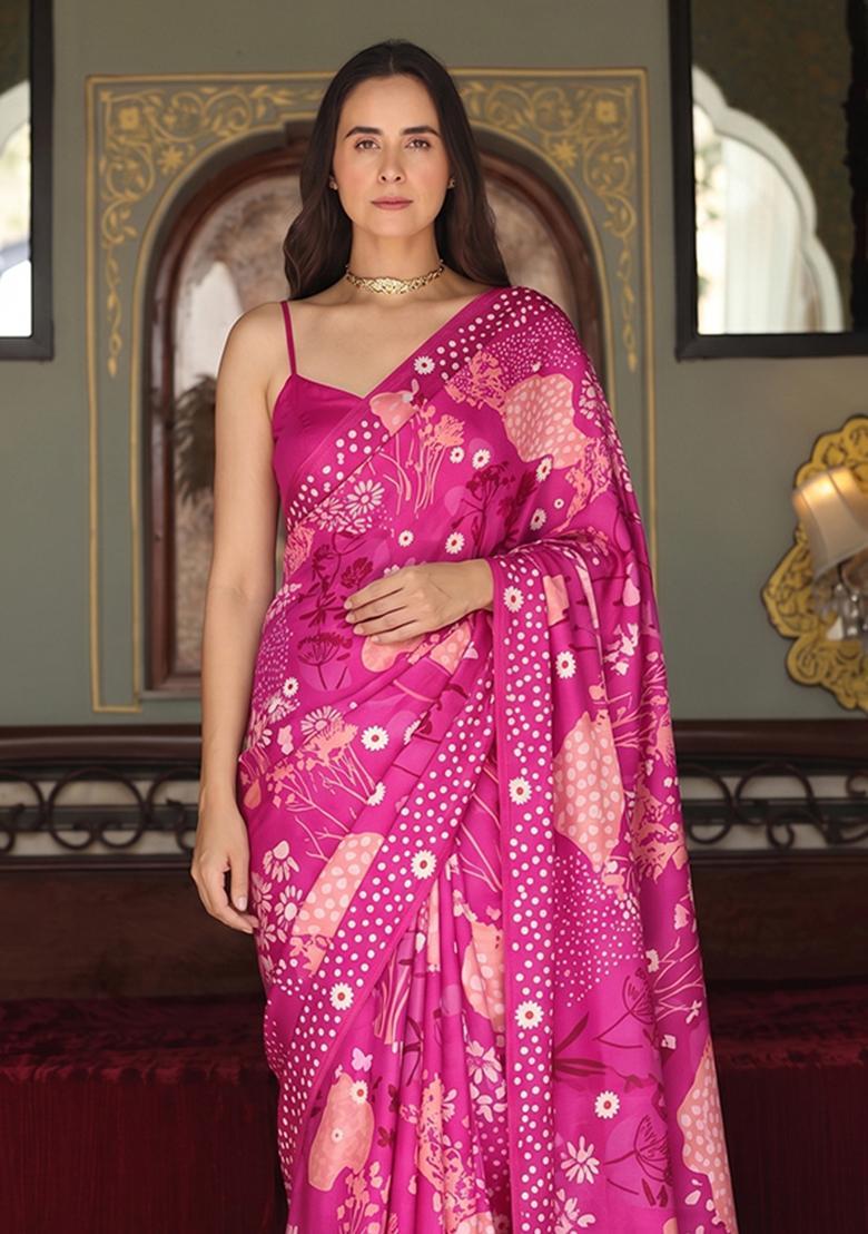 Magenta Pink Printed Satin Pre Draped Saree Set - Indya