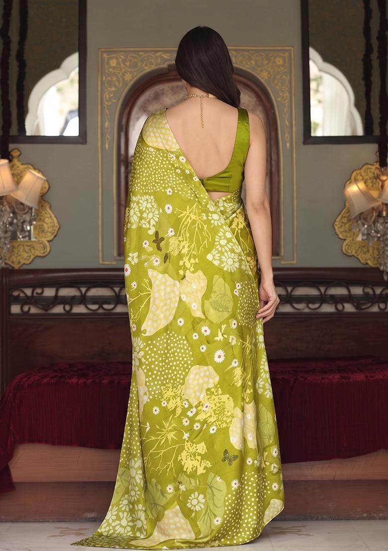 Olive Green Printed Satin Pre Draped Saree Set - Indya