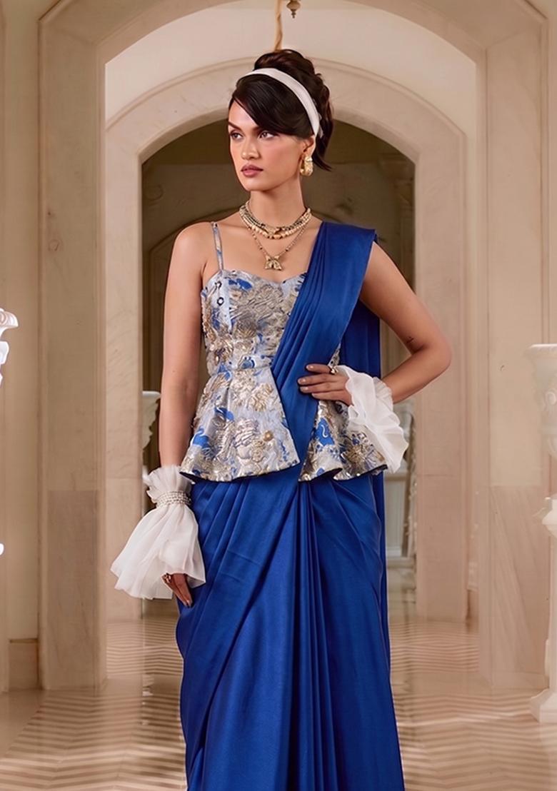 Royal Blue Sequin Brocade Pre Draped Saree Set - Indya