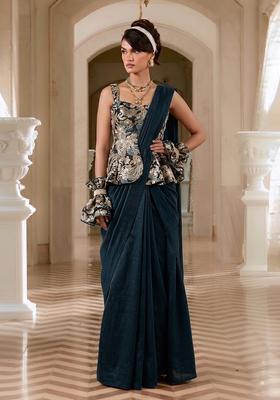 Teal Sequin Brocade Pre Draped Saree Set